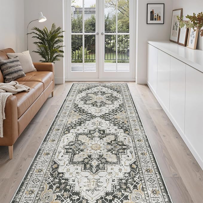Madane Hallway Runner 3x8, Kitchen Rugs Washable Entry Rug, Black | Vintage Non Slip Entryway Indoor Area Rugs, Soft Low-Pile Farmhouse Wide Carpet Runners for Bathroom Living Room Bedroom