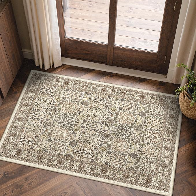 Bavni 2x3 Doormat, Machine Washable Runner Rug Non Slip, Vintage Floral Print Style Rugs for Entrance-Lightweight Low Pile Carpet for Hallways Kitchen and Corridor, Dark Espresso
