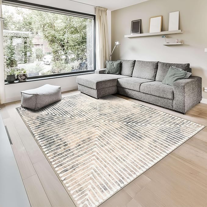 GLN Rugs Contemporary Collection - Machine Washable Area Rug, Contemporary Washable, Non Slip, Low Pile Chenille Rug, Living Room, Bedroom, Kitchen Rug (3' x 5' Lines Cream)