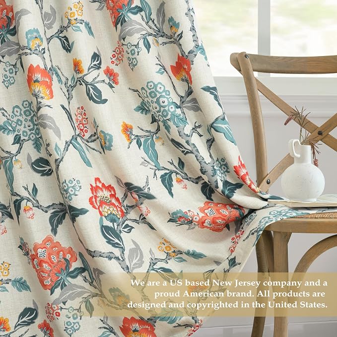 DriftAway Ada Floral Botanical Print Flower Leaf Lined Thermal Insulated Room Darkening Blackout Window Curtains 2 Layers Set of 2 Panels Each 52 Inch by 96 Inch Orange Teal Beige Linen