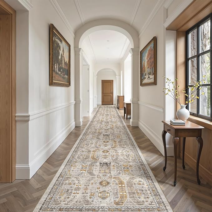 Madane Hallway Runner Rug 3x18 Washable Kitchen Runners 18ft, Brown/Gold | Vintage Non Slip Extra Long Area Rugs , Low-Pile Farmhouse Wide Floor Carpet for Corridor Entryway Bathroom Bedroom