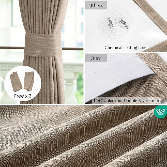 Topfinel 84 Inch Length 100% Blackout Viral Curtains with Back Tab Rod Pocket, Linen Textured Thermal Insulated Blackout Curtains Aesthetic Door & Window, Light Burlywood 52" W*84" L