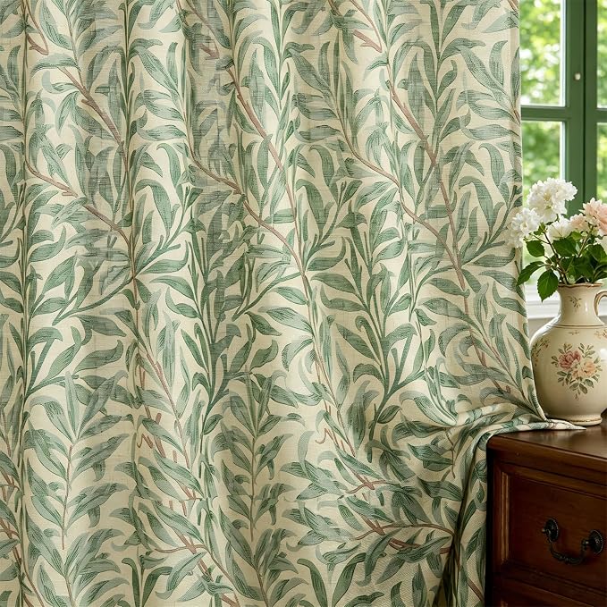 RoomTalks Green Floral Window Curtains 84 Inches Length 2 Panels, Boho Country Vintage Cute Botanical Vine Leaf Faux Linen Curtain Panels for Bedroom Dining Living Room Dorm Summer Aesthetic Decor
