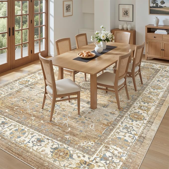 befbee 9x12 Area Rug,Ultra-Thin Washable Rugs for Living Room,Non-Slip Lightweight Foldable Area Rug,Stain Resistant Vintage Large Rugs (Apricot/Blue, 9'x12')