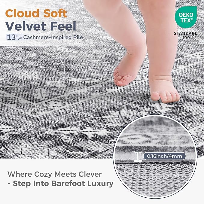 OPPODREAM Vintage Grey 2x3 Washable Rug, 2 x 3 Retro Door Mat Indoor Entrance Non Slip, Low-Pile Faux Wool Throw Carpet, Distressed Gray Floor Mat for Kitchen, Hallway, Entry-Way, Back Door