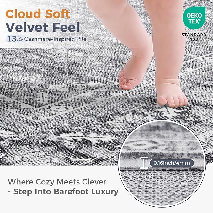 OPPODREAM Vintage Grey 3x6 Runner Rug, 3 x 6 Retro Washable Rug Non Slip, Low-Pile Faux Wool Carpet, Distressed Gray Floor Mat for Kitchen, Hallway, Entry-Way, Entrance, Indoor Back Door