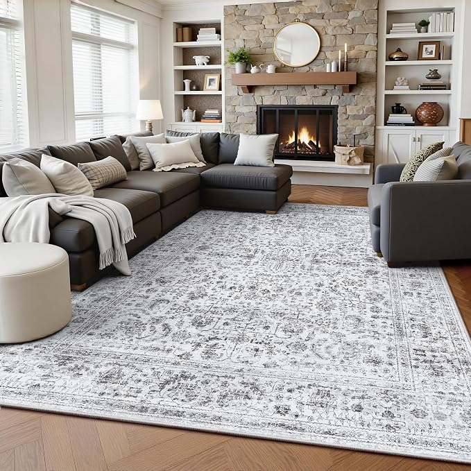 5x7 Area Rugs, Washable Vintage Retro Floral Rug for Living Room, Low Pile Non Slip Distressed Large Carpet for Bedroom, Dining Room, Office, Home (Vintage Black)