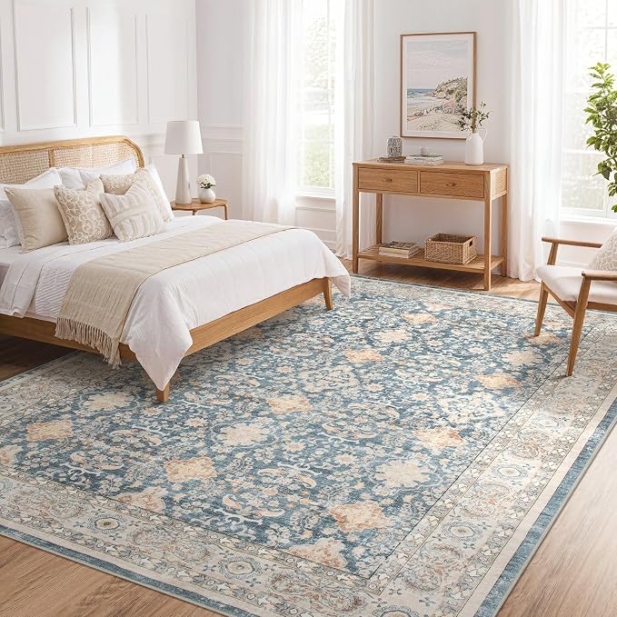 Vintage Living Room Area Rug 8x10 - Large Soft Washable Oriental Traditional Distressed Farmhouse Rugs for Bedroom - Indoor Floor Accent Carpet for Home Office House Decor - Dark Blue