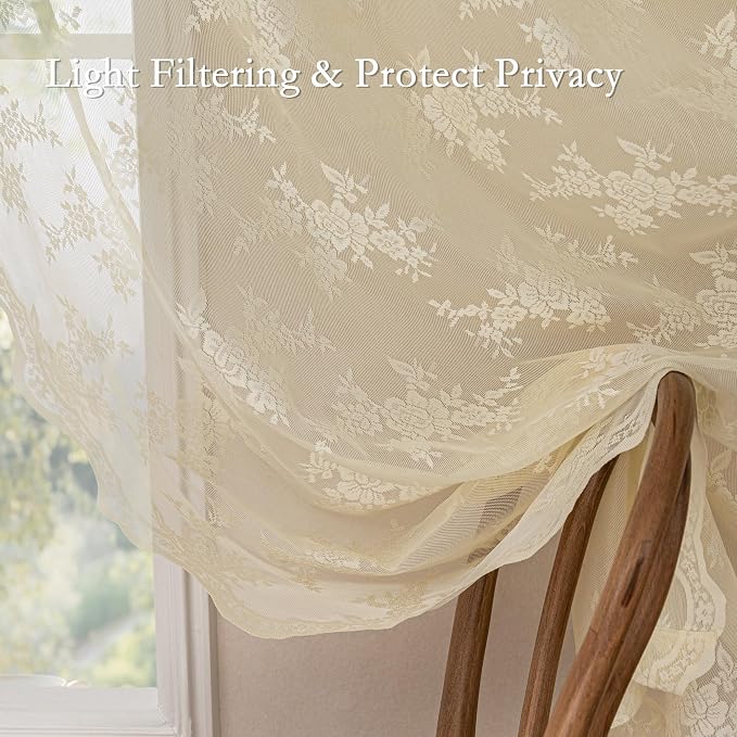 MEETSKY Vintage Lace Sheer Curtains 45 Inches Long for Small Windows French Victorian Spring Floral Pattern Design Light Filtering Rod Pocket Drapes, 50" W Each Panel, 2 PCS, Light Yellow