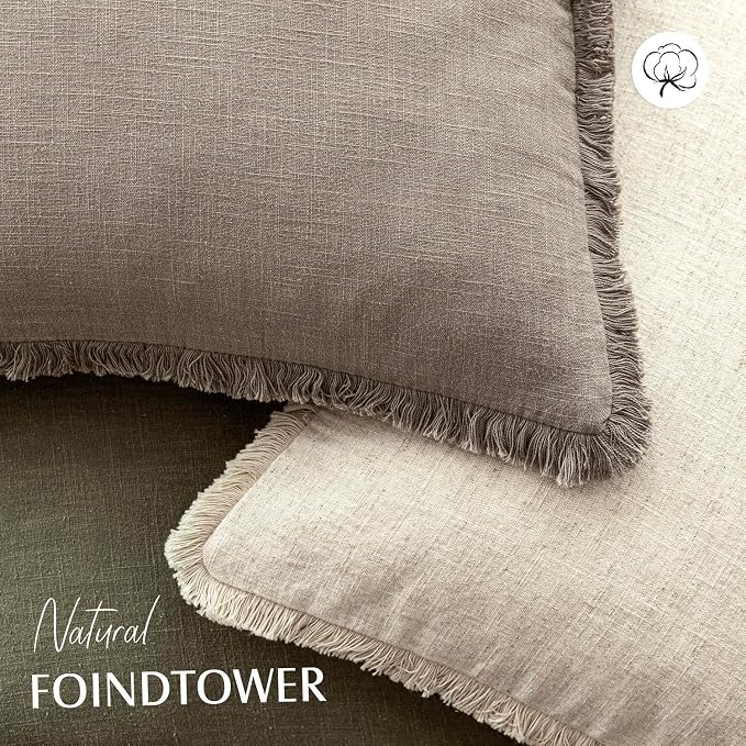 Foindtower Set of 2 Decorative Linen Fringe Lumbar Throw Pillow Covers Boho Farmhouse Cushion Cover with Tassels Soft Accent Pillowcase for Couch Sofa Bed Living Room Home Decor,12×20 Inch,Brown Tan
