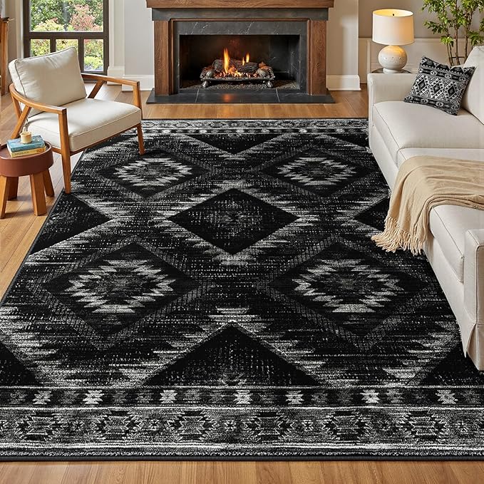 BESTSWEETIE Area Rug 5x8 Rug Machine Washable Non-Slip Low Pile Print Pattern Western Rug for Living Room Bedroom Entryway Tribal Series-Black