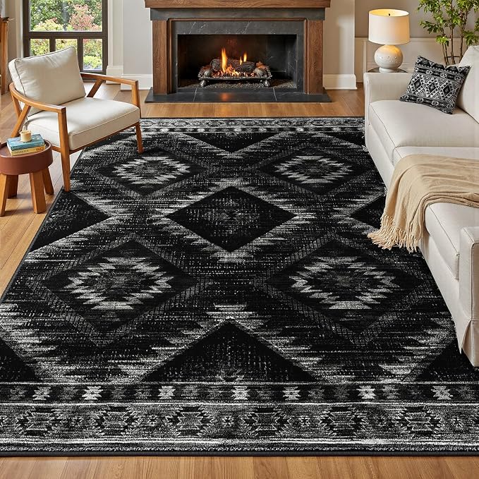 BESTSWEETIE Area Rug 6x8 Rug Machine Washable Non-Slip Low Pile Print Pattern Western Rug for Living Room Bedroom Entryway Tribal Series-Black