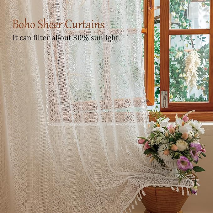 Sutuo Home Boho Lace Curtains 84 Inches Long for Bedroom&Living Room, Bohemian Crochet Privacy Farmhouse Vintage Chic Tassels Ivory Retro Window Sheer Curtains Decor Rod Pocket, 2 Panels 50" W,White
