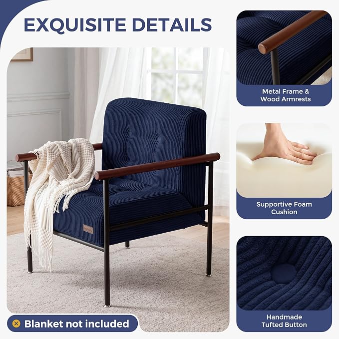 MAXYOYO Living Room Accent Chair, Modern Chair with Metal Frame | Upholstered Reading Chair Modern Living Room Chair with Support Cushion for Bedroom Balcony Porch, Navy