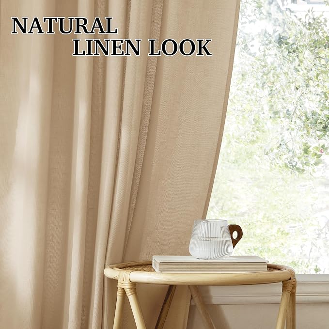 RYB HOME Boho Curtains 84 inches Long, Soft Linen Woved Lightweight Back Tab Light Filtering Fabric Shades for Dining Room Guest Room, W 52 x L84 inches, 2 Panels Set