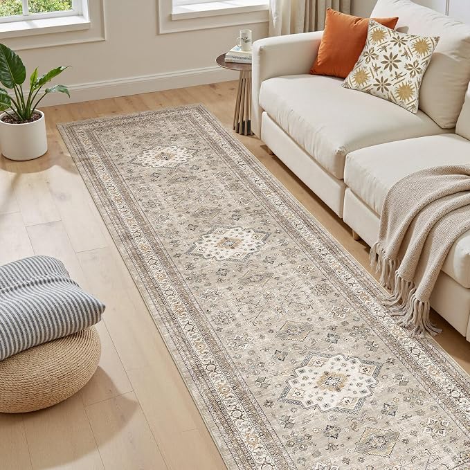 Vintage Hallway Runner Rug 2x8: Large Soft Washable Entryway for Kitchen Laundry Room Non-Slip Backing Runner for Entrance Living Room Bedroom Bathroom - Beige