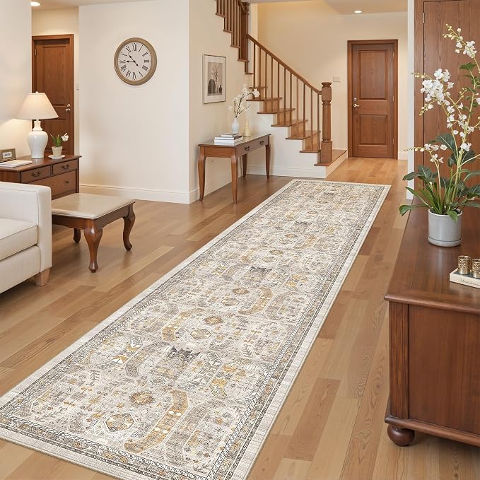 2'6" x 12'Non Slip Runner Rugs - Runners for hallways, Kitchen,Entryway,Stain Resistant Washable Rugs for Bedroom, Indoor Vintage Area Rugs (Brown/Gold,2'6" x 12')
