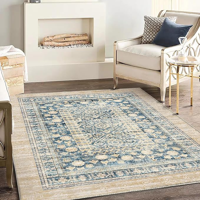 CHAMPLANT Washable Area Rug 4'x6' Vintage Traditional Floor Cover Foldable Thin Rugs Retro Kitchen Indoor Distressed Non Slip Carpet Floral Print Mat Bedroom Living Room