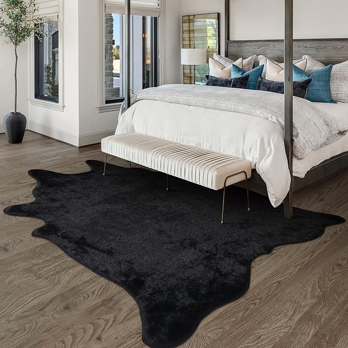 Black Faux Fur Cowhide Rug, Cow Hide Cow Print Rug for Living Room Bedroom 4.6x5.2 Feet - Animal Print Cow Skin Rustic Western