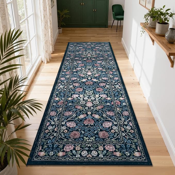 GarveeHome Indigo Blue Vintage Floral 2x6 Runner Rug Washable Kitchen Rugs Non Slip Boho Long Rug for Hallways Bedroom Entryway Bathroom Mat with Rubber Back