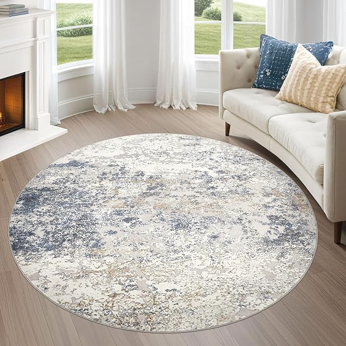 DMOYEST 6ft Round Area Rug Living Room Rugs - 6x6 Washable Large Soft Indoor Modern Abstract Low Pile Rug Carpet for Bedroom Dining Room Farmhouse Home Office - Beige Blue
