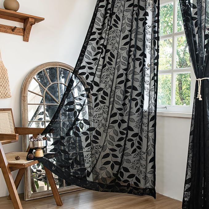 Treatmentex Black Lace Sheer Curtains for Bedroom Living Room 95 Inch Length Light Filtering Leaf Knitted Semi Sheer Window Curtains Elegant French Lace Curtains 54" w Pocket 8ft