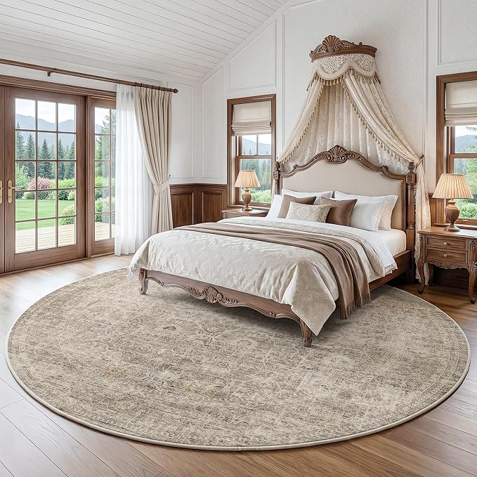 FMFUNCTEX 8ft Round Washable Area Rug Taupe Vintage Neutral Distressed Large Non Slip Carpet for Living Room Bedroom Soft Low Pile Indoor Mat Retro Floral Thin Rug for Dining Kitchen Office Nursery