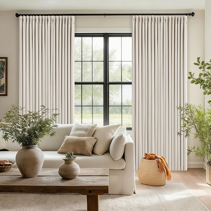 102 Inch Pinch Pleated Blackout Curtains for Bedroom 2 Panels Thick Linen Textured Memory Trained 100% Black Out Room Darkening Natural Cream Ivory Window Curtains Double Layer Pinch Pleat Drapes