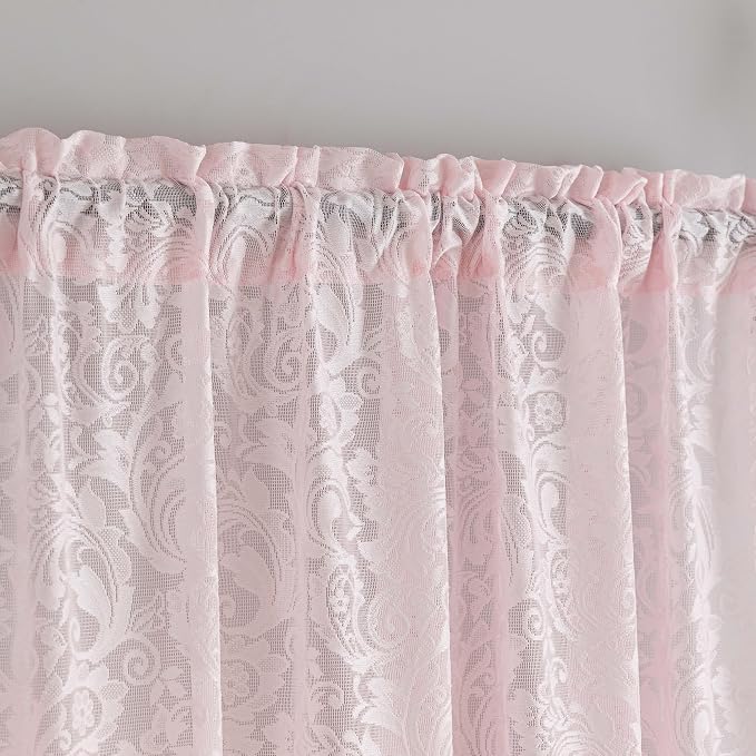 Pink Sheer Lace Curtains 96 Inches Long 2 Panels for Grils Room & Nursery | Vintage Floral Lace, Coquette Style, Sofr Sunlight, Airy Privacy, Scalloped Edges, Rod Pocket, 52" W x 96" L