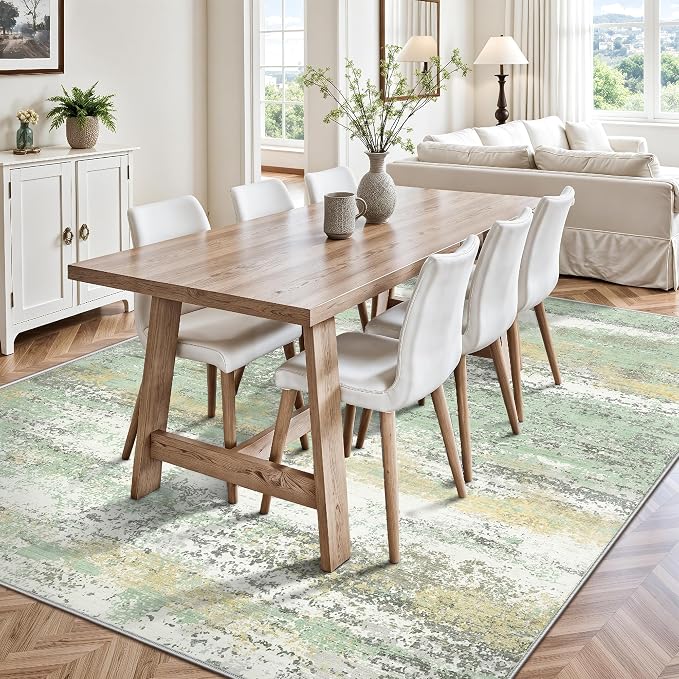 6x9 Area Rugs, Abstract Modern Ultra Soft Washable Rug, Non Slip Carpet with Rubber Back Stain Resistance Rugs for Living Room, Bedroom, Dining Room Decor(Light Green/Cream)
