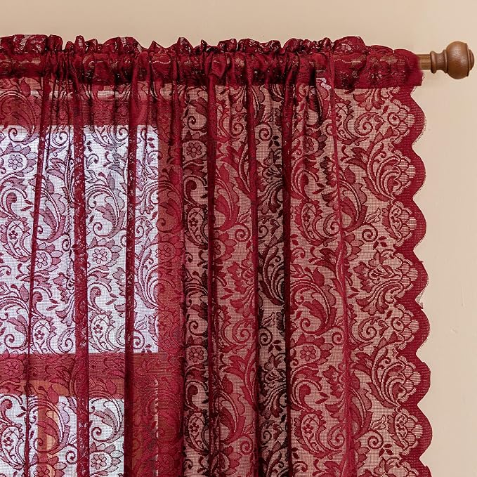 ALIGOGO Wine Red Lace Curtains 108 Inche Long Set of 2, Modern Sheer Burgundy Curtains for High Ceiling Dining Room, French Romantic Rod Pockert Privacy Window Treatments Neutral Decor, 52x108
