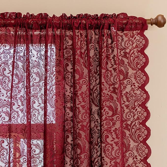 ALIGOGO Burgundy Sheer Curtains 63 Inch Length 2 Panels, Victorian Floral Red Lace Curtains for Bedroom, Embroidered Privacy Rod Pocket Scalloped Burgundy Home Décor, 52W x 63L Inch, Dark Red