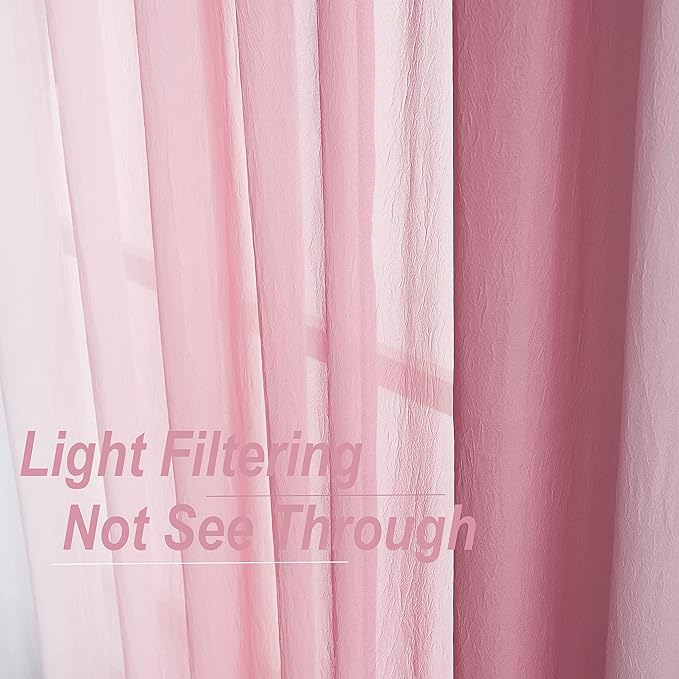 Purainbow Pink Ombre Chiffon Sheer Curtains 84 Inch Long for Living Room Bedroom Decor, Crinkle Gradient Semi Voile Grommet Top Window Curtain Drapes for Girls Room, Garden, Yard, Set of 2 Panels