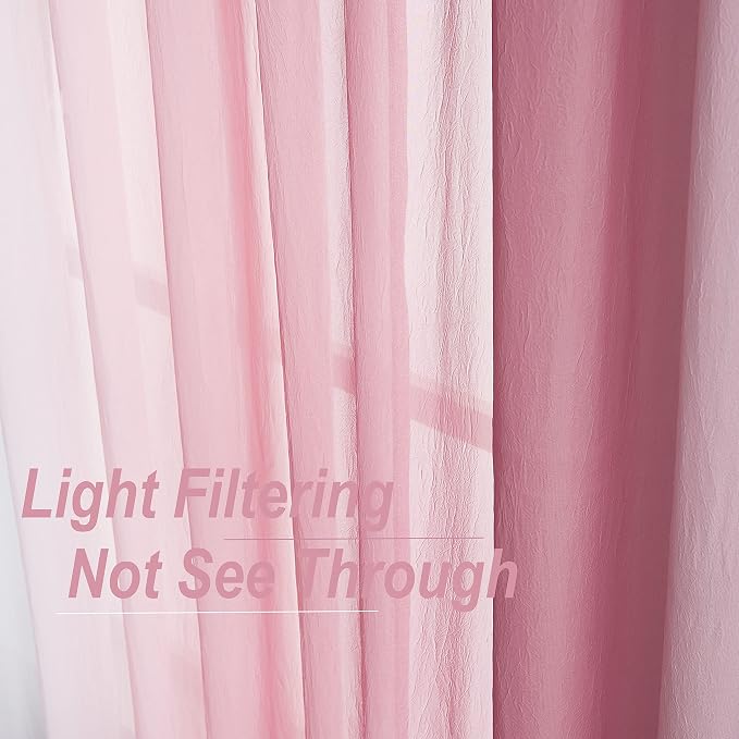 Ombre Chiffon Sheer Curtains Pink for Living Room Gradient Crinkle Semi Voile Curtain Panels for Bedroom Light Filtering Window Drapes for Office, Patio, Holiday Decor, Rod Pocket, 52"Wx95"L, 2 Pcs