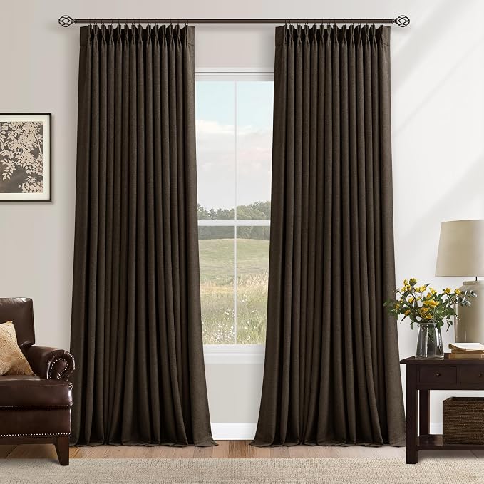 Extra Long 120 Inch Blackout Chocolate Brown Curtains for Bedroom Memory Trained Pinch Pleated Dual Layer Linen Drapes Sound Proof Thermal Luxury Floor to Ceiling Curtain 10FT Length 2 Panels Set