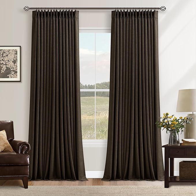 Pleat Chocolate Brown Curtains 108 Inches Long 2 Panels Set for Living Room Memory Shape Pinch Pleated Drapes 100% Black Out Linen Blend Window Ceiling Curtains with Hooks Rings for Office 9 FT