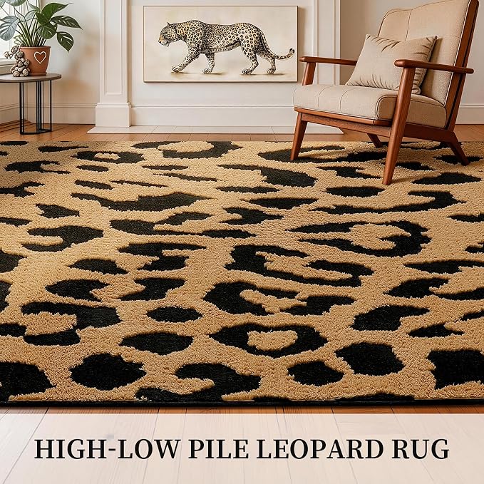 YIHOUSE 5×7 Ft Leopard Area Rugs, Washable High-Low Pile Plush Soft Rug, Non-Slip Non-Shedding Animal Cheetah Carpet for Living Room, Bedroom, Dining Room, Nursery, Home Decor
