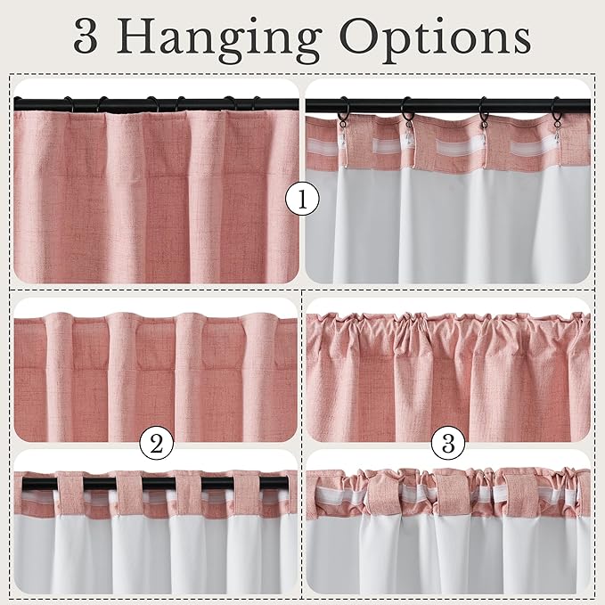 NICETOWN Full 100% Blackout Pink Linen Curtains with White Liner, Thermal Soundproof 3-in-1 Weighted Drapes Multi-Hanging Options (Hook Belt) for Nursery & Bedroom, 2 Panels, 52" W x 108" L
