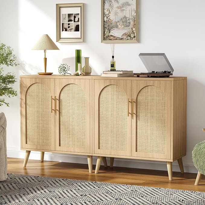 Set of 2 Rattan Buffet Cabinet with Storage, 59 Inch Sideboard with Adjustable Shelf and Solid Wood Legs, Floor Storage Cabinet with 4 Doors, Coffee Bar for Kitchen, Living Room, Hallway, Natural