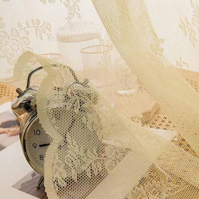Sutuo Home Lace Curtains 84 Inches Long 2 Panels Set, Cream Yellow Sheer Country Retro Florals Vintage Beige Voile Window Treatment for Bedroom/Living Room Decor Rod Pocket W57 x L84