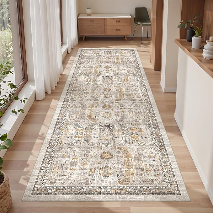 befbee 2.6'x8'Non Slip Runner Rugs - Runners for hallways, Kitchen,Entryway,Stain Resistant Washable Rugs for Bedroom, Indoor Vintage Area Rugs (Brown/Gold, 2.6'x8')