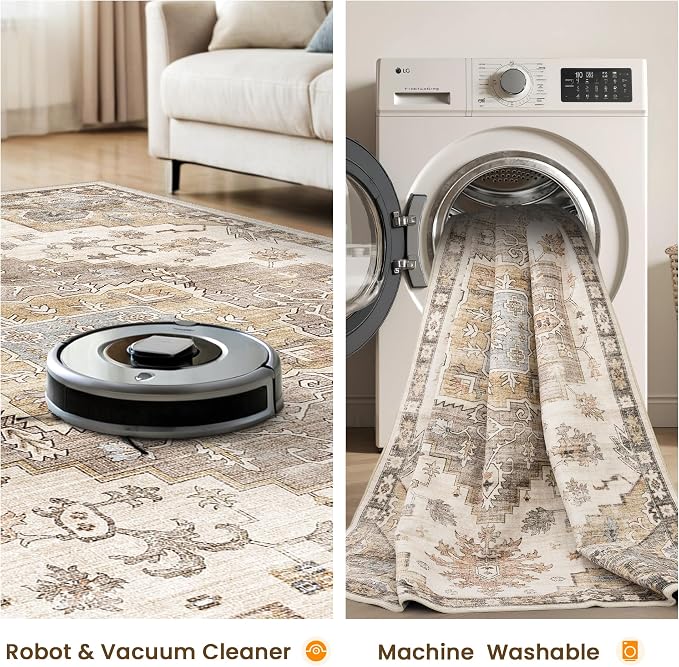 Runner Rug 2x6 Washable Vintage Area Rugs for Hallway Non Slip Laundry Rug Runner Boho Floor Carpet Runners for Entryway Laundry Room Kitchen Bathroom (2'x6',Brown)