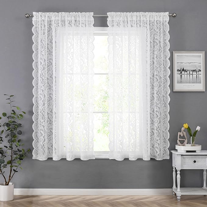 Bujasso White Sheer Lace Curtains 54 inch Vintage Floral Short Curtain Panels for Kitchen Living Room Bedroom Light Filtering White Drapes Window Treatment Set Grommet Top 2 Panels 54" Wx54 L