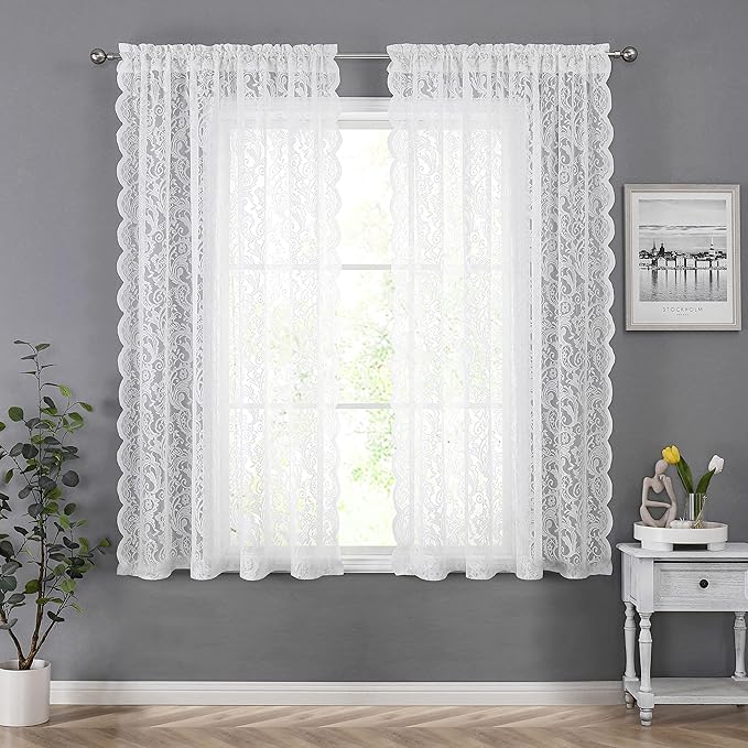 Bujasso White Sheer Lace Curtains 54 inch Vintage Floral Short Curtain Panels for Kitchen Living Room Bedroom Light Filtering White Drapes Window Treatment Sets Rod Pocket 2 Panels 54" Wx54 L