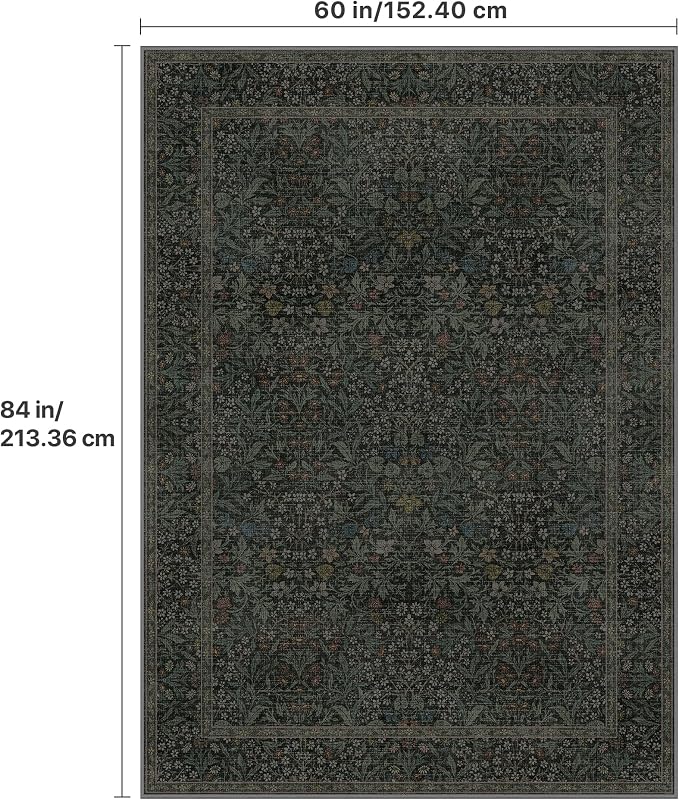 GENIMO 5x7 Washable Area Rugs for Living Room, Non Slip, Charcoal Green | Vintage Boho Floral Low Pile Thin Carpet for Bedroom, Dining Room, Nursery, Indoor Decor