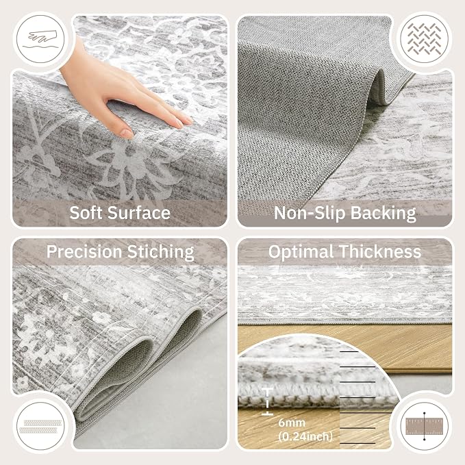Soalmost Living Room 10x14 Area Rugs, Washable Soft Neutral Rugs Grey | Low Pile Non-Slip Stain Resistant Extra Large Thin Rug, Vintage Throw Carpet for Dining Room Bedroom Farmhouse Home Office