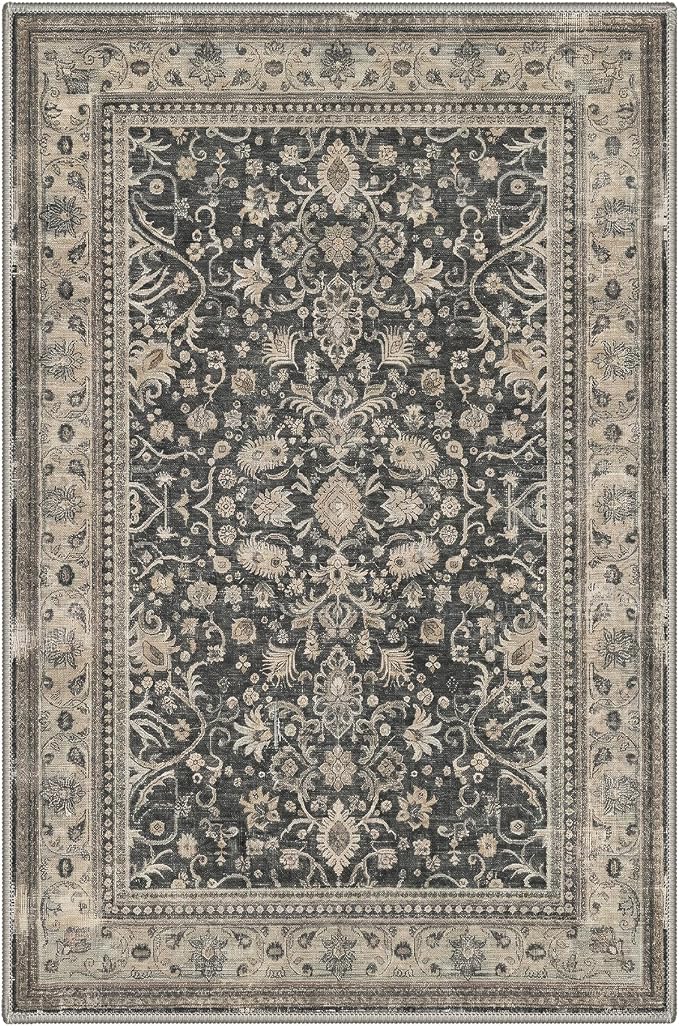 Bavni 2x3 Doormat, Machine Washable Runner Rug Non Slip, Vintage Floral Oriental Floral Rugs for Entrance, Lightweight Low Pile Carpet for Hallways Kitchen and Corridor, Dusty Charcoal