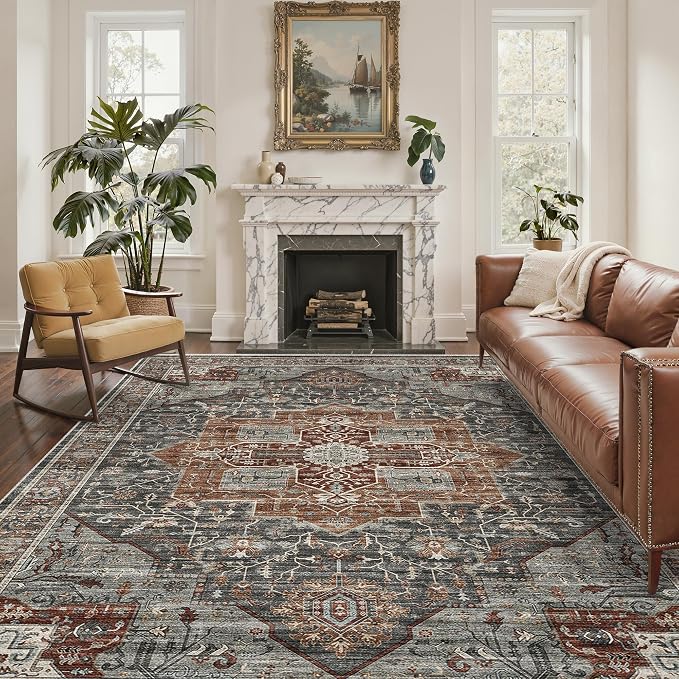 Roxstand 5x7 Area Rugs, Stain Resistant Machine Washable Area Rugs with Non-Slip Backing, Vintage Rugs for Bedroom, Living Room, Large Soft Low Pile Area Rug (Grey/Brown/Tan, 5'x7')
