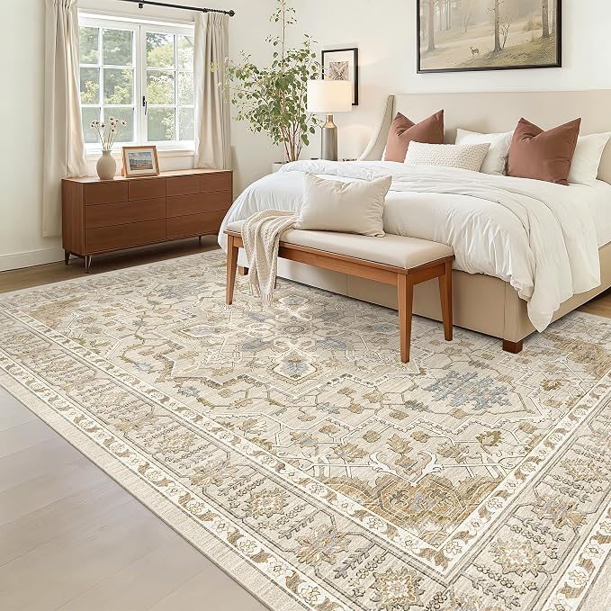 Madane 5x7 Area Rugs for Living Room, Non-Slip Washable Rug, Beige/Blue | Ultra-Thin Stain Resistant Vintage Large 5'X7' Carpet, Soft Low Pile Floor Mat For Bedroom Dining Room Office Home Decor
