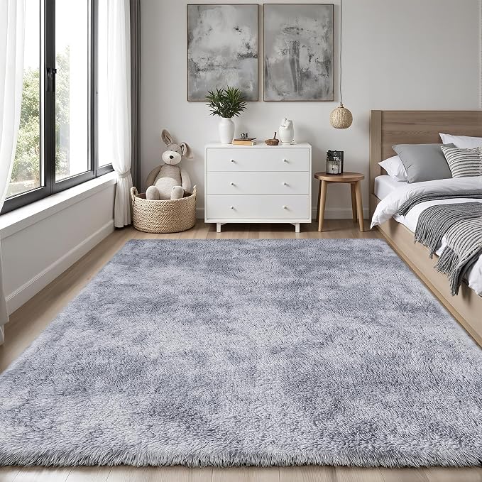 Area Rug for Living Room Bedroom: 5x7 Light Grey Soft Fluffy Shag Upgrade Non-Slip High Pile Carpet Large Fuzzy Plush Indoor Floor Decor Shaggy Rug for Kid Boys Girls Playroom Nursery Modern Home